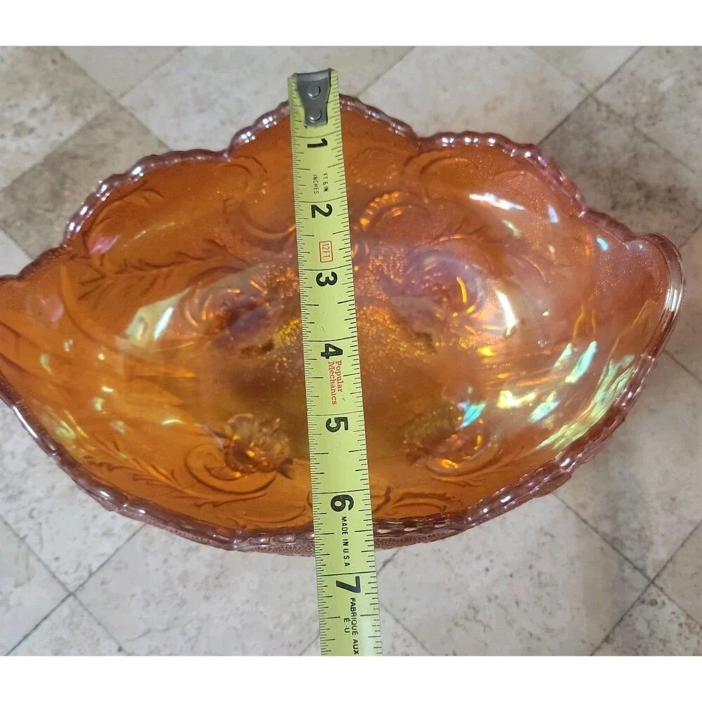 Vintage Carnival Glass Iridescent Footed Bowl Marigold Scalloped Floral Pattern